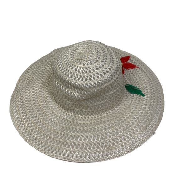 PARIS ACCESSORIES Hat Vintage Floral Straw Wide Brim Beach Sun White  Retro‎ - Picture 4 of 7
